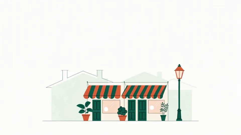 Ilustração animada de lojas de bairro com toldos às riscas, vasos com plantas e um candeeiro.